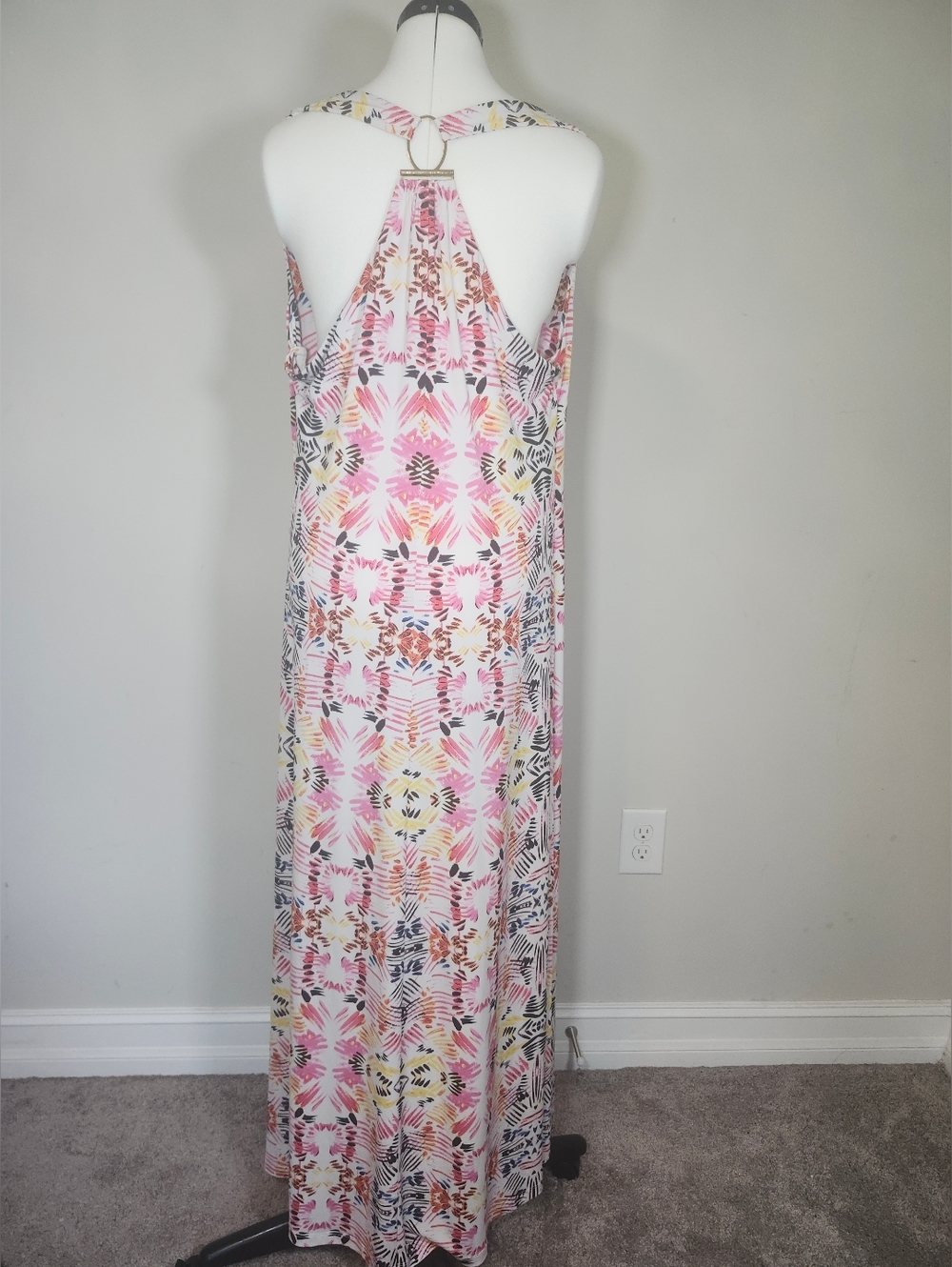 Ivanka Trump Razorback Halter Gold Ring Multicolor Abstract Print Maxi Dress S L - Picture 3 of 11